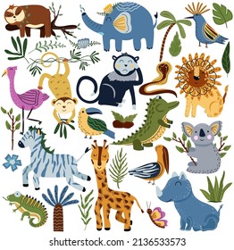Set of jungle animals and exotic tropical leaves. African animals, sloth, bird, elephant, koala, giraffe, flamingo, rhinoceros, crocodile, monkey and palm trees. Cute animals. Vector.