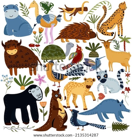 Set of jungle animals and exotic tropical leaves. African animals, parrots, leopard, bison, turtle, hyena, ostrich, hippopotamus and palm trees. Safari cute Animals. Vector illustration.