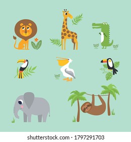 Set of jungle animals lion, toucan, sloth, elephant, pelican and giraffe on blue background. Vector illustration.  