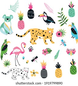 Set of jungle animals and plants. Vector clipart elements
