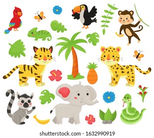 Set of jungle animals and tropical plants. Cute cartoon kawaii characters: wild cats, snake, elephant, tropical birds, lemur. Isolated on white background.