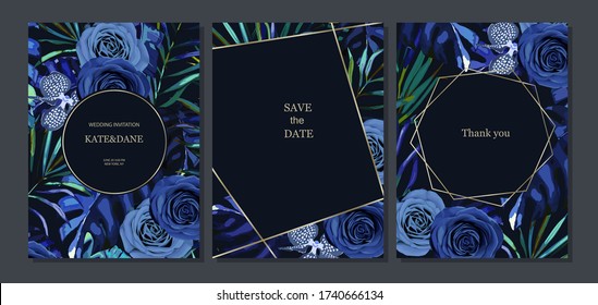 Set of jungle cards with palm leaves, blue rose, orchid, hibiscus and gold frame. Summer botany template.  For wedding, birthday, party, save the date. Vector illustration. 