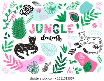 Set of jungle design elements - panther, palm branch, leaves, liana, flowers, lines, aloe, dots. Perfect for summer decoration and tropical greeting cards