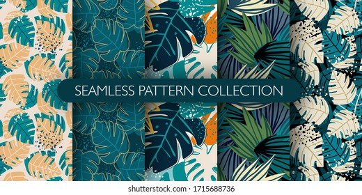 Set of jungle exotic leaves seamless pattern. Hand drawn tropical leaf wallpaper. Creative botanical vector illustration. Design for fabric, textile print, wrapping paper, fashion, interior, cover
