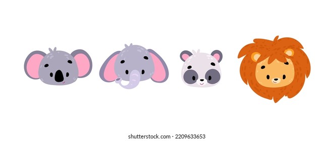 Set jungle face animals. Lion, elephant, koala, panda. Cartoon character. Vector illustration for t-shirt prints, greeting cards, posters, stickers or decor room