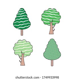 Set of jungle or forest big green trees. Contemporary botanical nature template with space for writing. Textured simple isolated plant flat vector.