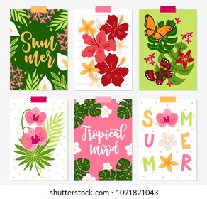 Set of jungle greeting cards with hibiscus, orchids, butterflies, plumeria, palm and monstera leaves, tropical flowers