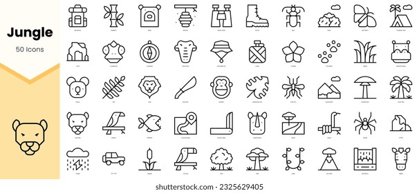 Conjunto de iconos de la selva. Paquete de iconos de estilo de arte de línea simple. Ilustración del vector