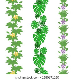 Set of jungle leaves  seamless borders. Tropical summer foliage pattern. Rainforest botanical concept. Vector illustration, cartoon style. 