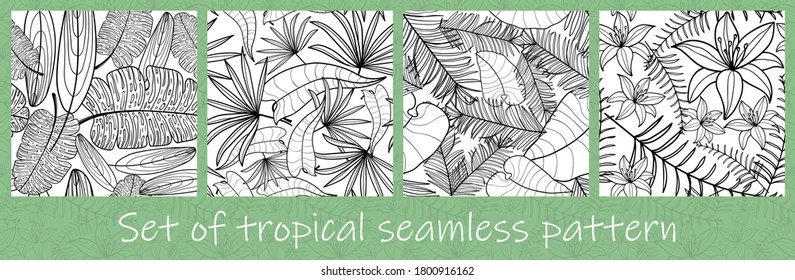 Set of Jungle leaves seamless pattern. Tropical palm leaves. Hand drawn exotic leaves with contour In black and white colors. Floral  line art background for fabric, textile, T-shirts and wallpaper.