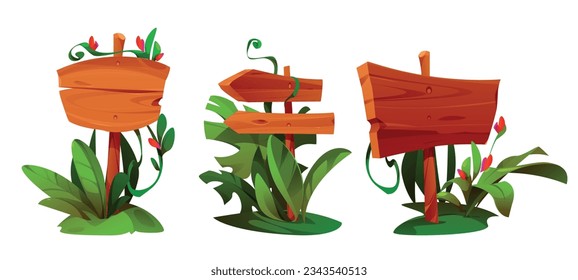 Set of jungle signboards isolated on white background. Vector cartoon illustration of wooden direction indicators and nameplates decorated with green tropical plants and flowers. Game menu border