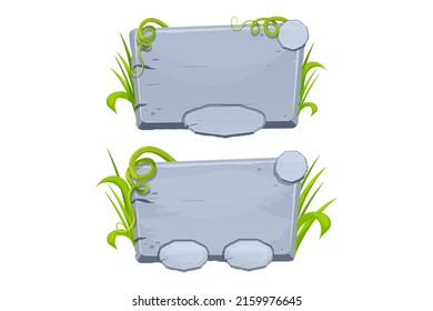 Set Jungle stone frame with grass and liana, user interface, menu board in comic cartoon style isolated on white background.