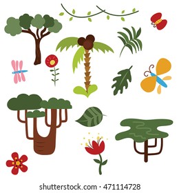 Set of jungle trees and plants on white background.
