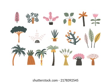 Set of jungle, tropical plants, trees, flowers drawing in handdrawn style. Vector illustration isolated on white background. Clipart for kids design. Elements for use.