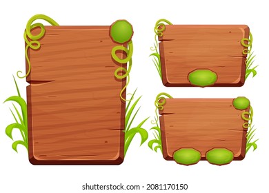 Set Jungle wooden frames with grass and liana, user interface, menu board in comic cartoon style isolated on white background. Vector illustration