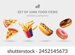 A Set of Junk Food 3D Vector Items: Pizzas, Fries, Hot Dogs, Doughnuts