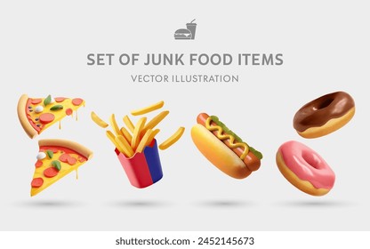 Un conjunto de alimentos chatarra 3D artículos de Vector: pizzas, patatas fritas, perros calientes, donuts