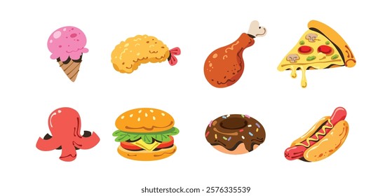 Set of junk food cartoon design. Cute fast food sticker illustration. Idea for print, cartoon, card, decoration and sticker.