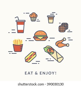 Set of junk food contour icons such as burger with hotdog, chicken with french fries and coffee with wafer and muffin. Flat line illustration isolated on white