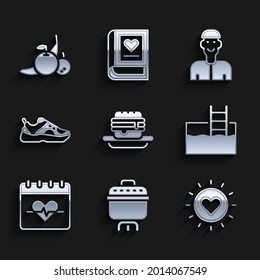 Set Junk food, Cooking pot, Sun, Swimming pool with ladder, Heart rate, Sport sneakers, Positive thinking and Fruit icon. Vector