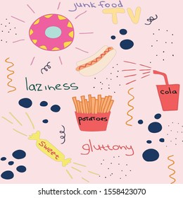set of junk food: drinks, fast food, sweets, rolls