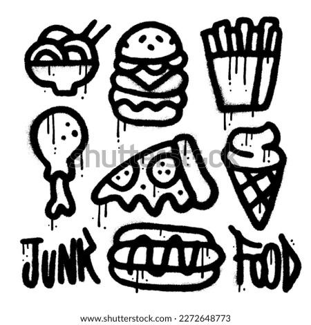 Set of junk food elements in urban graffiti style. Noodle, burger, french fries, pizza, ice cream, hot dog and chicken leg. Spray textured vector illustration for t-shirts, banners