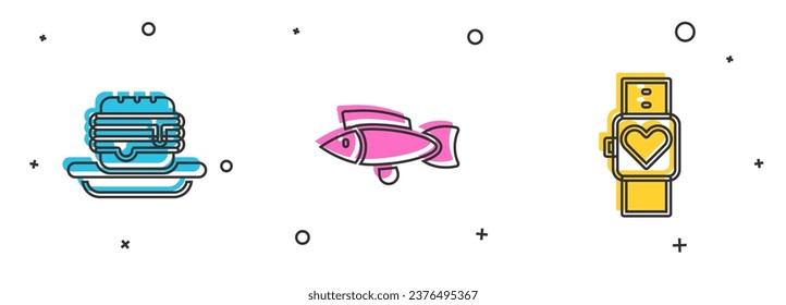 Set Junk food, Fish and Smart watch icon. Vector