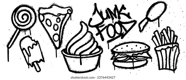 Set Junk food graffiti spray paint. Collection of lollypop, pizza, chicken, ice cream, burger, french fries Isolated Vector