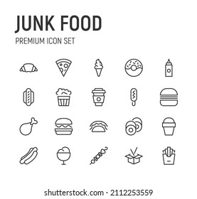 Set of junk food line icons. Premium pack of signs in trendy style. Pixel perfect objects for UI, apps and web. 