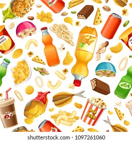 Set junk food. Salted nuts, squid  rings, rusks, pop corn, cornflakes, corn  sticks, dried  fish, crackers, instant  noodle, carbonated  drinks, chocolate bars.