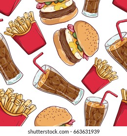 set junk food in seamless pattern with french fries, burger and soda on white background