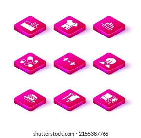 Set Junk food, Toothbrush and toothpaste, Vitamin pill, Dumbbell, Bed, Meditation, Cake and Sport track suit icon. Vector