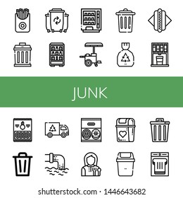 Set of junk icons such as French fries, Garbage, Waste, Vending machine, Hot dog, Trash, Onion rings, Bin, Donut, Lunchroom, Sandwich , junk