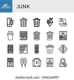 Set of junk icons such as Sandwich, Bin, Trash, Fish and chips, Waste, Vending machine, Delete, Donut, Trash bin, Hot dog, Corn dog, Candy machine, Lunchroom , junk