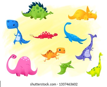 Set Jurassic reptile vector illustration cartoon dinosaur. Brontosaurus, Stegosaurus, triceratops, velociraptor, tyrannosaurus, Brachiosaurus, pterodactyl.