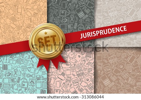 Set of jurisprudence backgrounds with hand drawn icons in different colors
