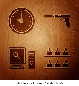 Set Jurors, Clock, Search on computer screen and Pistol or gun with silencer on wooden background. Vector