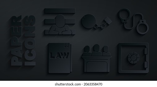 Set Jurors, Handcuffs, Law Book, Safe, Ball On Chain And Prisoner Icon. Vector