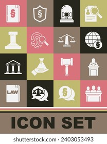 Set Jurors, Judge, International law, Flasher siren, Fingerprint, Stamp, Law book and Scales of justice icon. Vector