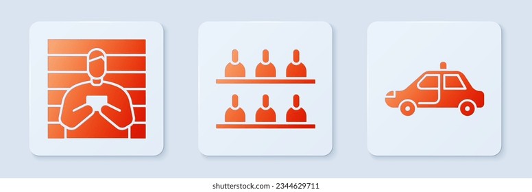 Set Jurors, Suspect criminal and Police car and flasher. White square button. Vector