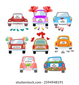 Set of just married car collection, vector illustration. Wedding with a newlywed couple, vintage convertible car for their honeymoon and cans attached. Bride groom car, heart balloon.