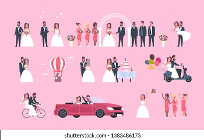 set just married man woman standing together different concepts collection romantic couple bride and groom in love wedding day celebration full length horizontal flat