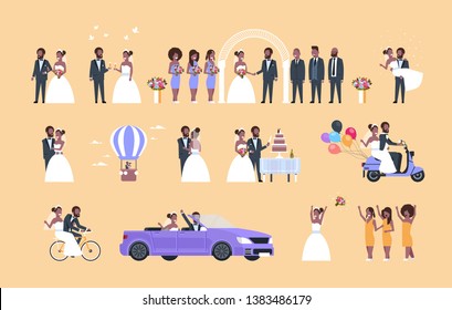 set just married man woman standing together different concepts collection african american couple bride and groom in love wedding day celebration full length horizontal flat