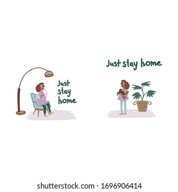 Set Just Stay Home. Young smiling girl at home, hugs a cat, enjoys a treat at home. Coronavirus pandemic, self-isolation, healthcare, protection. Flat colorful vector sticker icon illustration