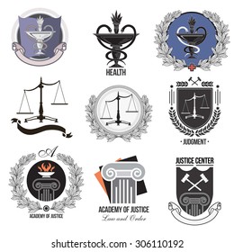 The set justice, Academy, health care logos, emblems and design elements. Labels and badges Law firm, health, medicine, business.