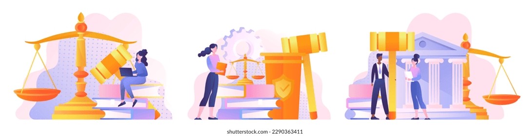 Gerechtigkeit. Sammlung von Szenen mit Mann und Frauen mit justiziellen Waage und Handschuh. Anwälte diskutieren Gesetze und Rechtsdienstleistungen. Cartoon-FlachVektorgrafiken einzeln auf weißem Hintergrund
