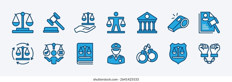 Set of justice icon vector. Contains law, judgment, court, lawyer, equality, judgement, legal hammer, courthouse, whistle, process, truth, balance, police, handcuffs, criminal, law book. Illustration