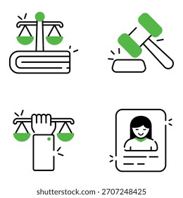 Conjunto de ícones planos de justiça, lei e equidade 