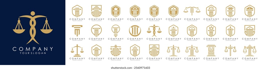 set of justice law logo design template. attorney logo with pillar and star shape illustration