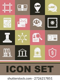 Set Justice law in shield, Identification badge, Safe, Location, Envelope, Evidence bag and bullet, Prison window and Scales of justice icon. Vector